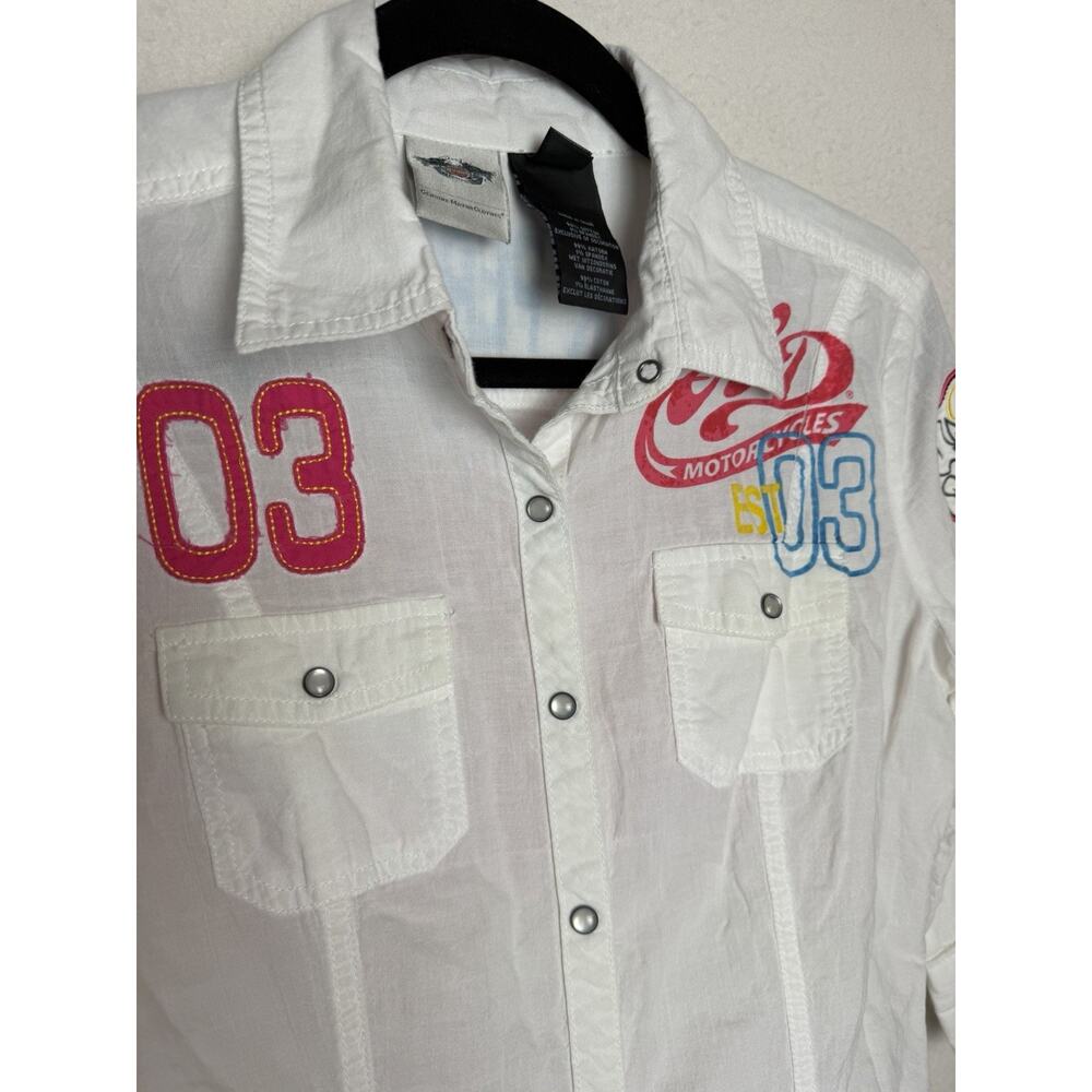 Harley Davidson Womens XS Pearl Snap Long Sleeve Shirt Patches Embroidered White - Picture 8 of 11